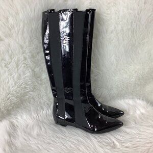 Casadei Black Low Heel Patent Leather & Stretch Panel Anilux Nero Boots 7 B